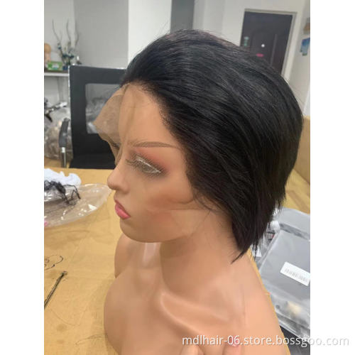 Wholesale 8 Inches Natural Black Short Straight  Brazilian Cuticle Aligned Raw Virgin Hair Pixie Cut Lace Front Wigs